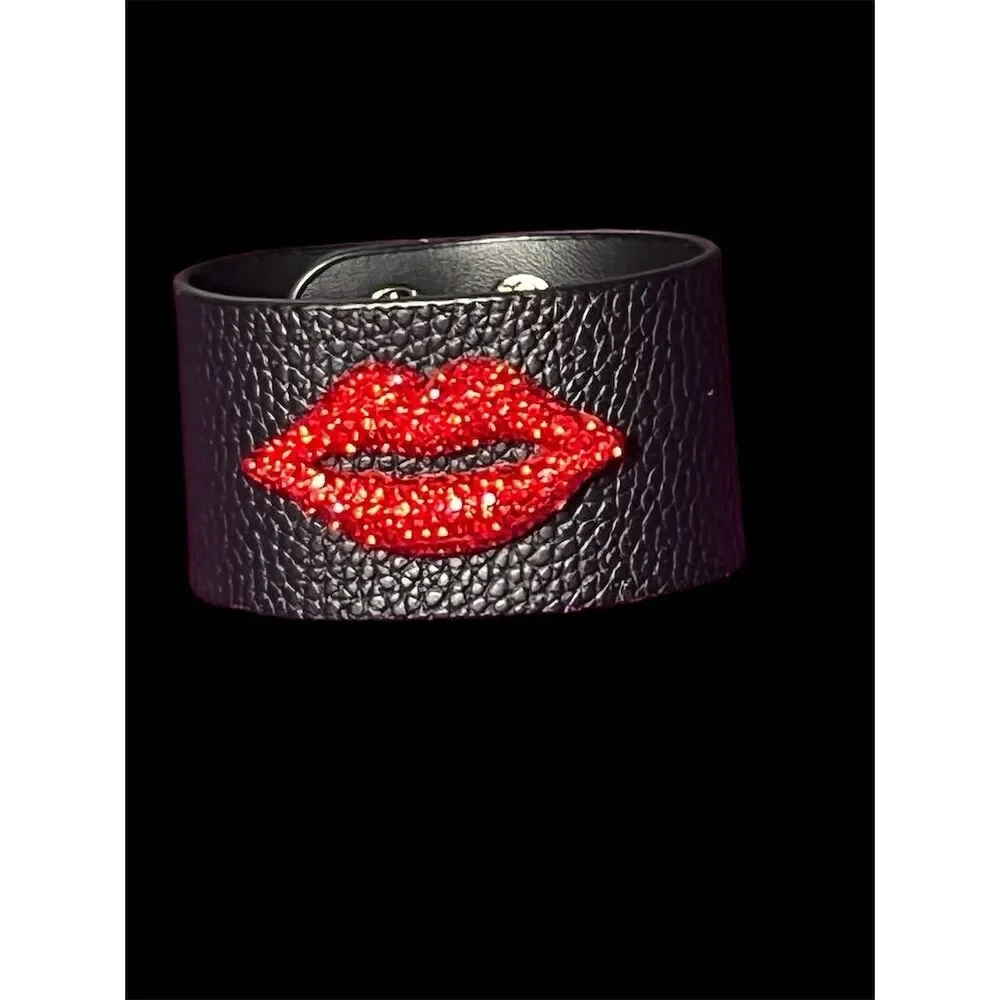 Rhinestone Red Lip Cuff Bracelet Black PU Leather​